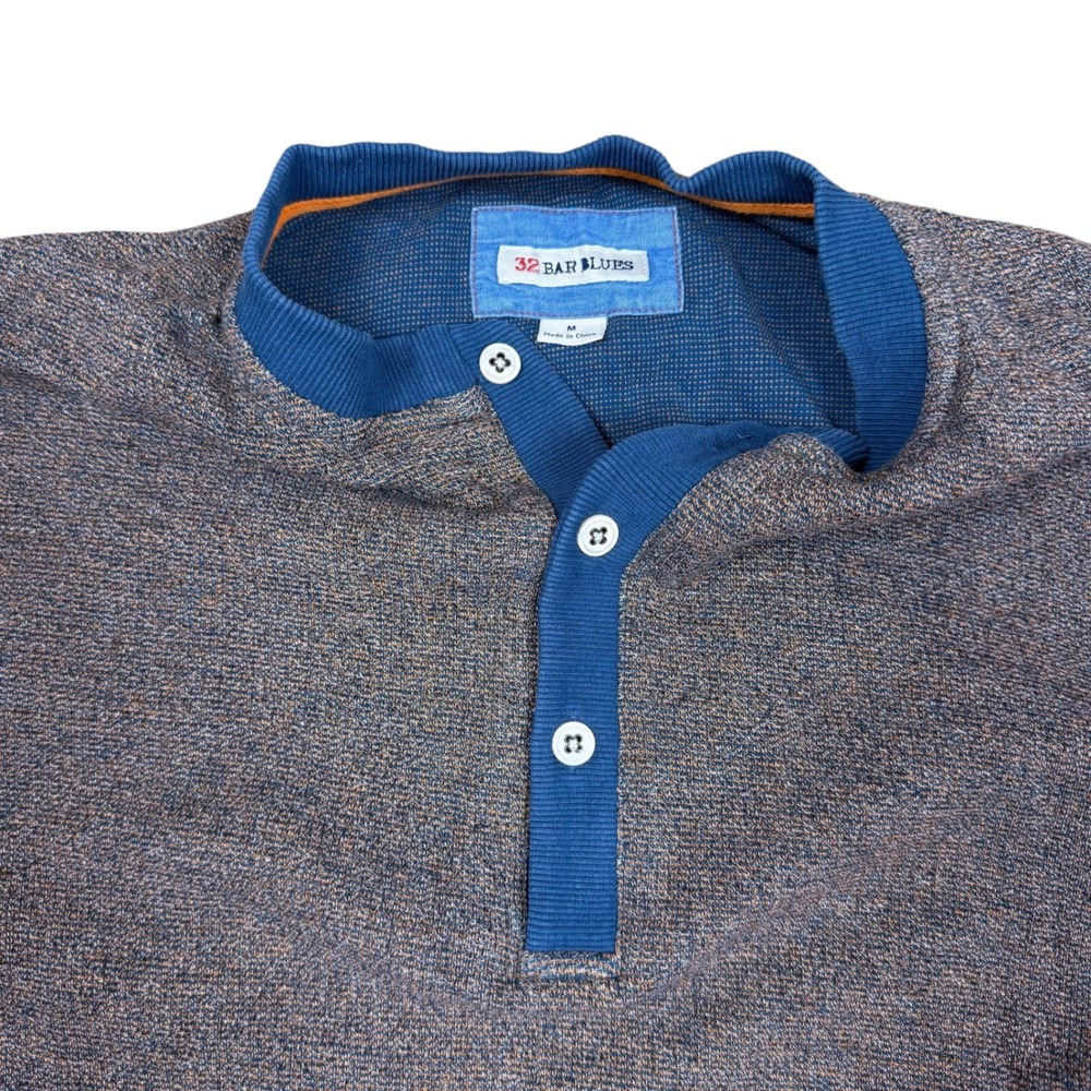 32 Bar Blues Mens Henley Sweater Blue Orange Marled Knit Long Sleeve Size M